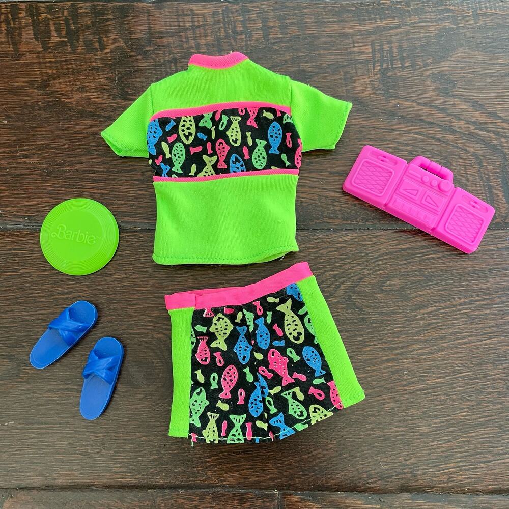 Barbie Ken Active Wear Fashions Vtg 1990's Neon Green Fish Print Clothes Beach